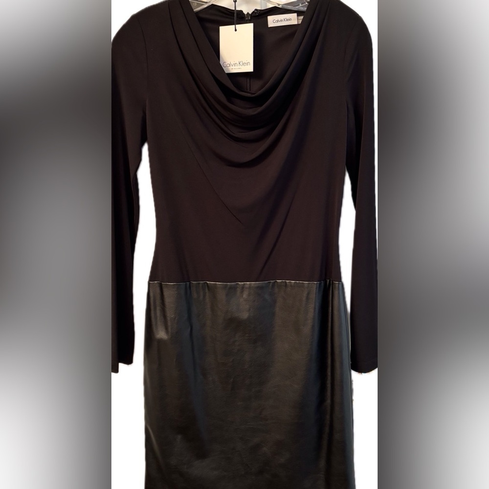 Calvin Klein Black Long-Sleeve Drape Neck Dress with Faux Leather Mini Skirt